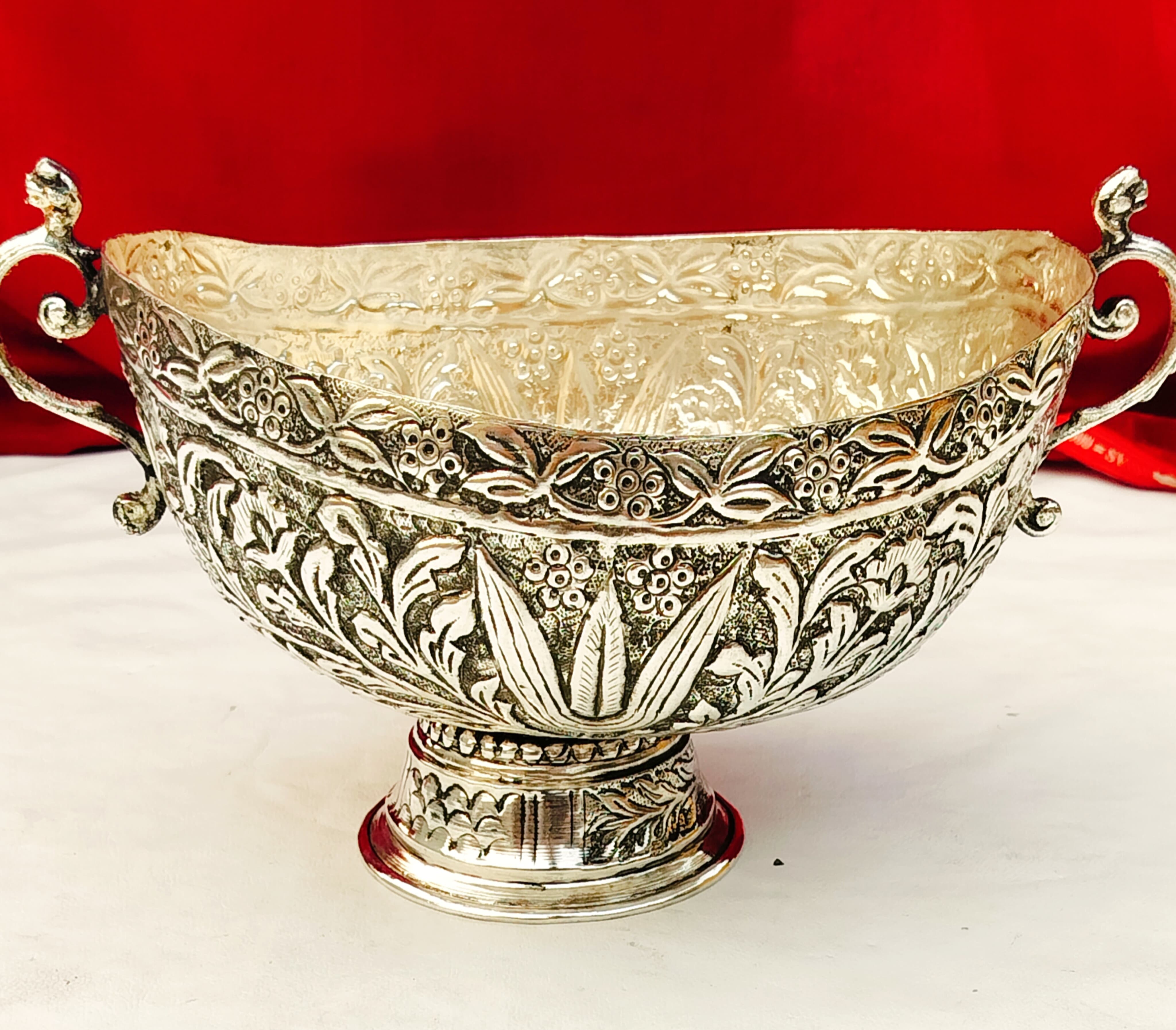 German silver oval urli/fruit snacks bowl with 2 side handle